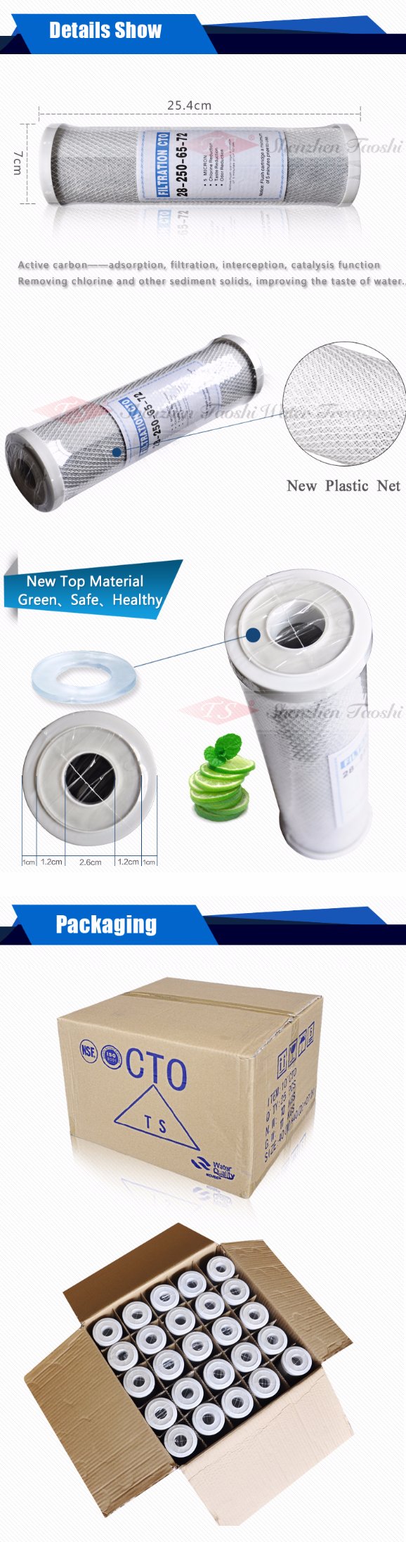 10" CTO-Aktivkohle-Filter 45 Grad-Wassertemperatur